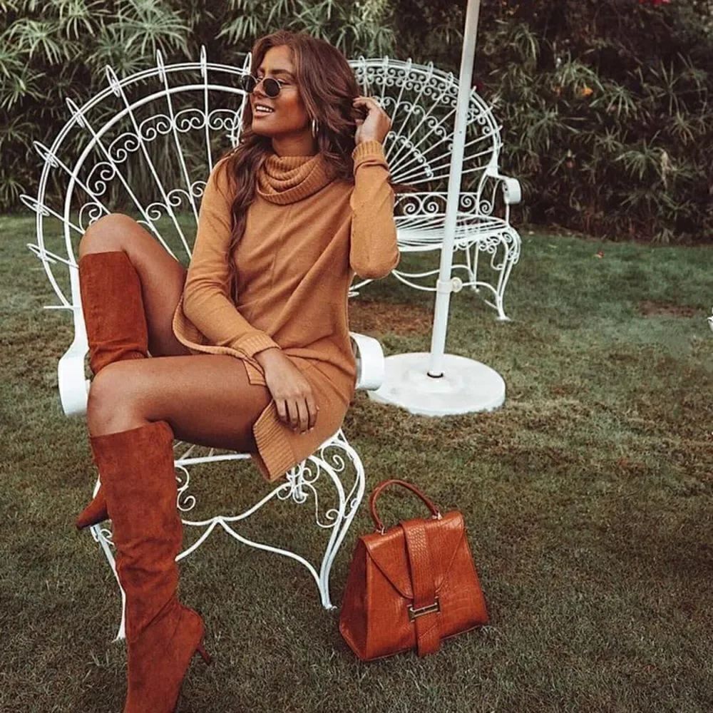 Lulus Autumn Daze Camel Cowl Neck Sweater Dress